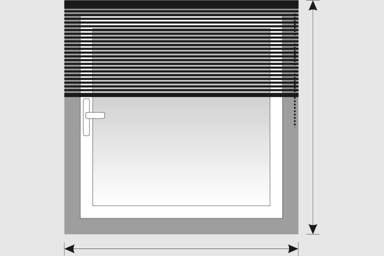 Ilustrace okna s horizontálními žaluziemi znázorňující šířku a výšku