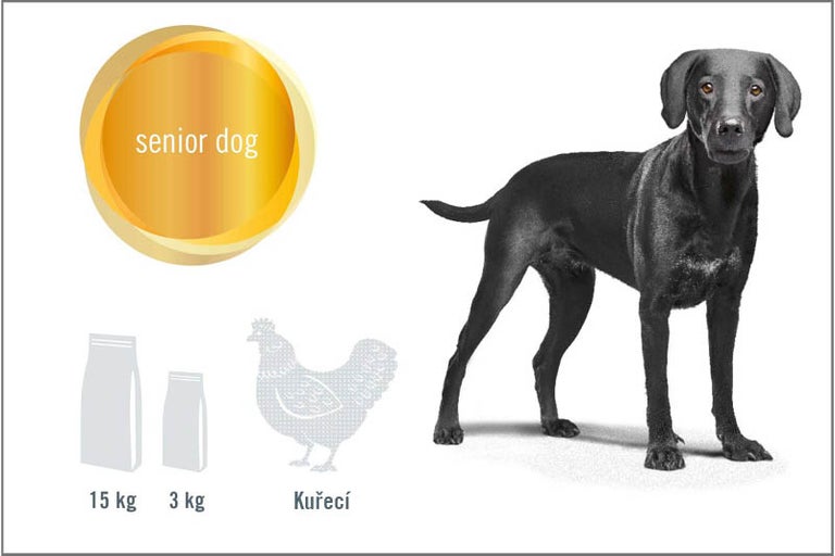 Ilustrace krmiva pro starší psy s kuřecím masem, k dostání v 3kg a 15kg baleních