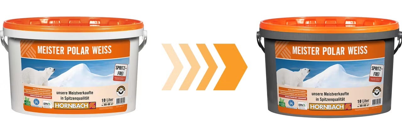 Dva kbelíky interiérové barvy Meister Polar Weiss od Hornbach o objemu 10 litrů na 60 až 80 metrů čtverečních s recepturou bez stříkání.