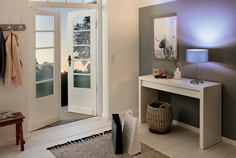 Vstupní prostor s otevřenými dvoukřídlými dveřmi, komodou, lampou a dekorací