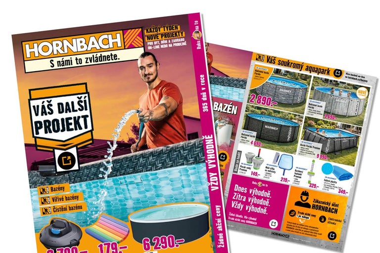 Akční leták Hornbach zaměřený na bazény a bazénové příslušenství s nabídkou bazénů a potřeb pro údržbu.