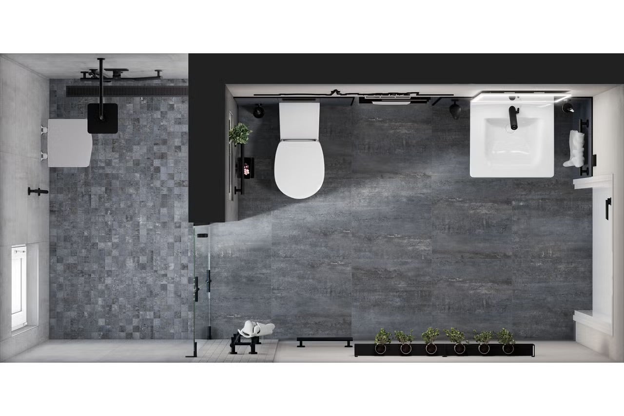 Pohled shora na koupelnu s toaletou, umyvadlem, sprchou a rostlinami