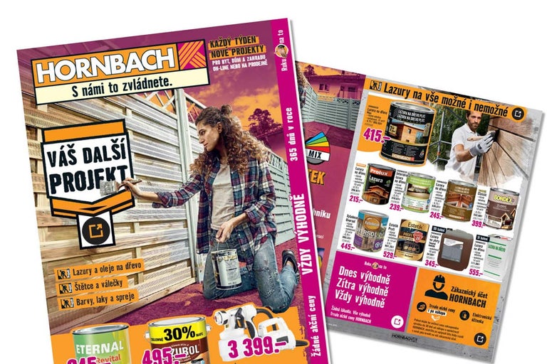 Reklamní leták Hornbach pro projekty se dřevem s lazurami, barvami, nářadím a osobami natírajícími plot.
