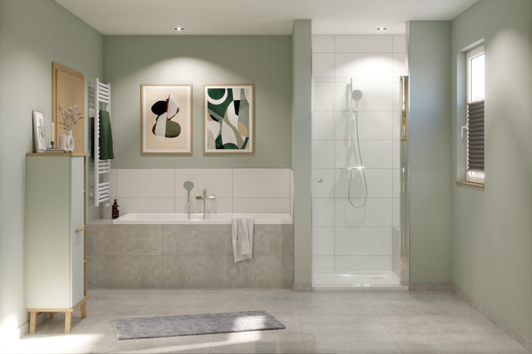 Světlá koupelna s vanou, sprchou a skříňkou pod umyvadlo.