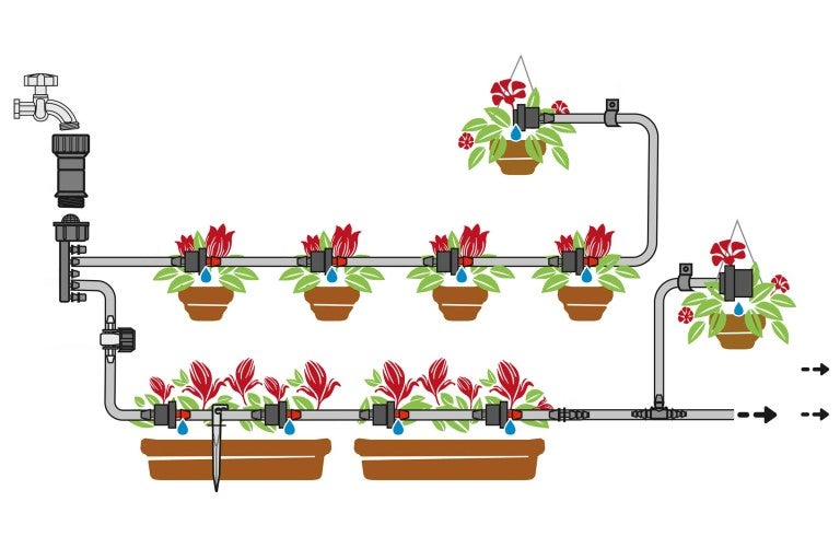 Automatický zavlažovací systém pro truhlíky a závěsné rostliny.