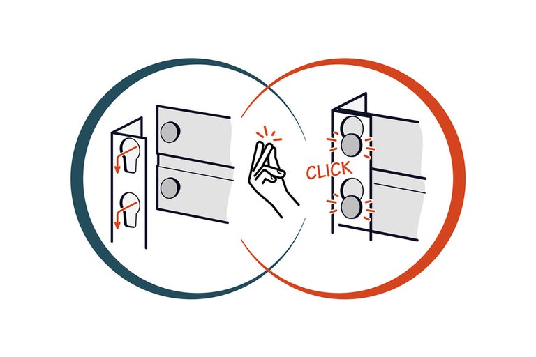 Ilustrace snadné montáže s zacvakávacím mechanismem