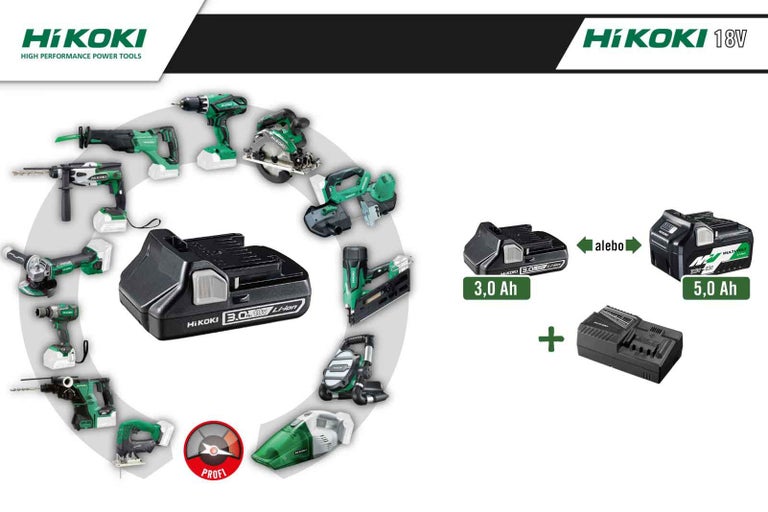 Sada nářadí HiKoki s bateriemi, nabíječkou a různým elektrickým nářadím