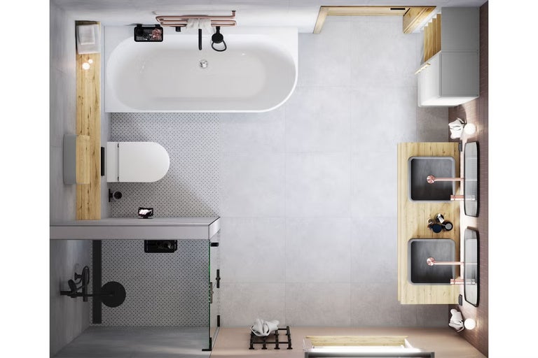 Pohled shora na koupelnu s vanou, toaletou, umyvadlem a sprchou