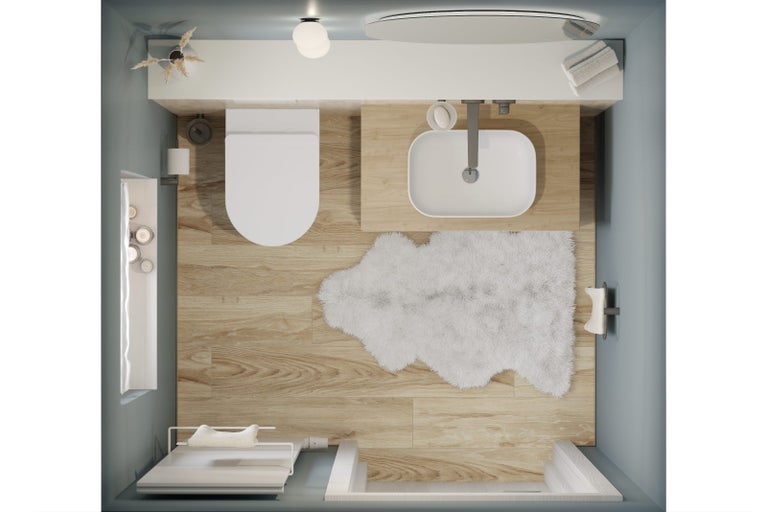 Pohled shora na koupelnu s toaletou, umyvadlem, vanou a koupelnovým kobercem