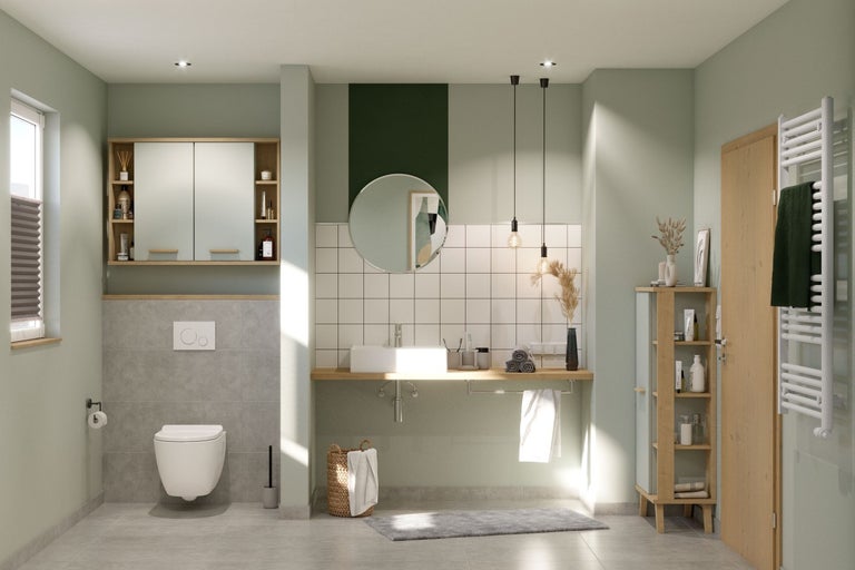 Světlá koupelna s umyvadlem, zrcadlem, toaletou, topením a koupelnovým nábytkem pro přátelskou atmosféru