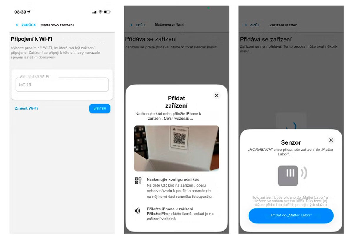 Snímky obrazovky aplikace pro chytrý telefon pro nastavení zařízení Matter s připojením k síti, skenováním kódu a přidáním senzoru.