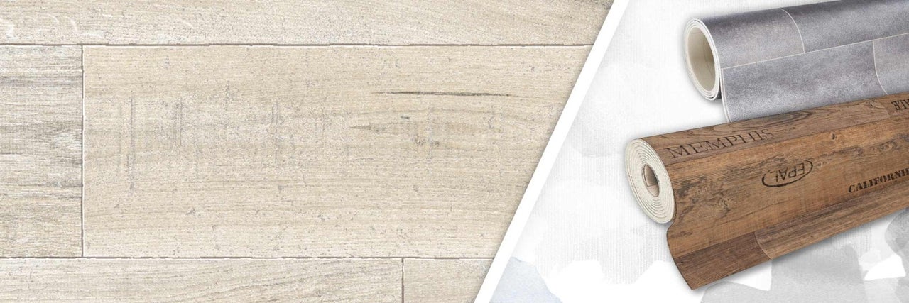 Obrázek dvou rolí vinylové podlahové krytiny s dekorem dřeva a kamene