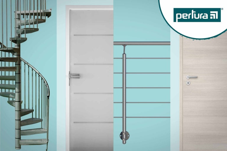 Koláž různých produktů: točité schodiště, interiérové dveře, zábradlí a logo Pertura