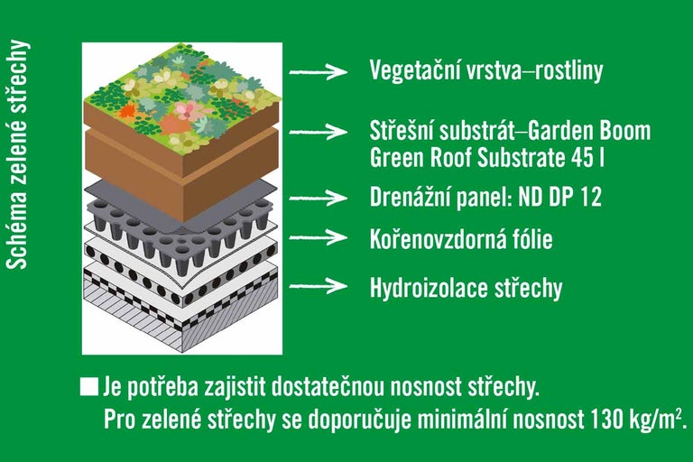 Schéma zelené střechy s vegetační vrstvou, substrátem, drenážní deskou, folií odolnou proti kořenům a hydroizolací střechy.