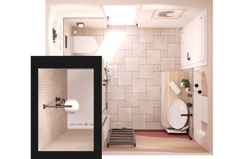 Pohled shora na koupelnu s toaletou, sprchou a umyvadlem