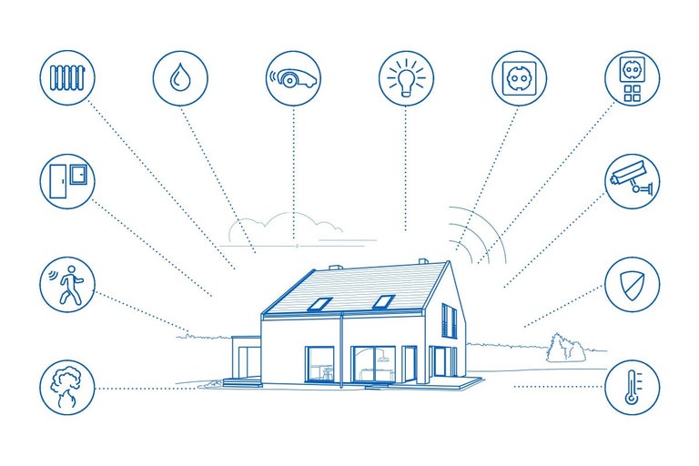 Ilustrace automatizace domácnosti s různými symboly pro vytápění, vodu, bezpečnost a komfort