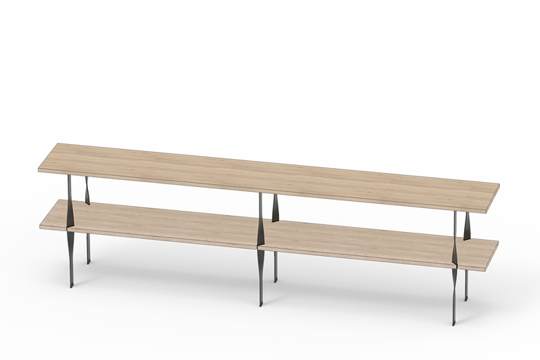 Regálový systém se dvěma dřevěnými policemi a kovovým rámem