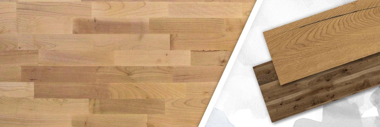Světlá dřevěná podlaha a dva vzorky dřeva