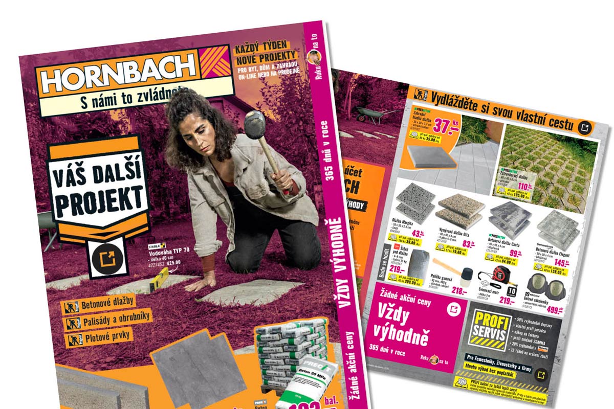Logo Hornbach na prospektu pro pokládku betonové dlažby s nářadím a zahradními materiály.