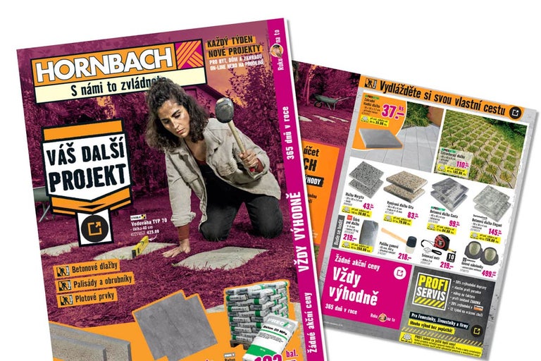 Logo Hornbach na prospektu pro pokládku betonové dlažby s nářadím a zahradními materiály.
