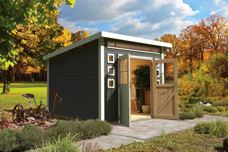 Zahradní scéna s moderním zahradním domkem s otevřenými dveřmi