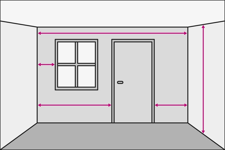 Pohled do místnosti s rozměry stěny, okna a dveří