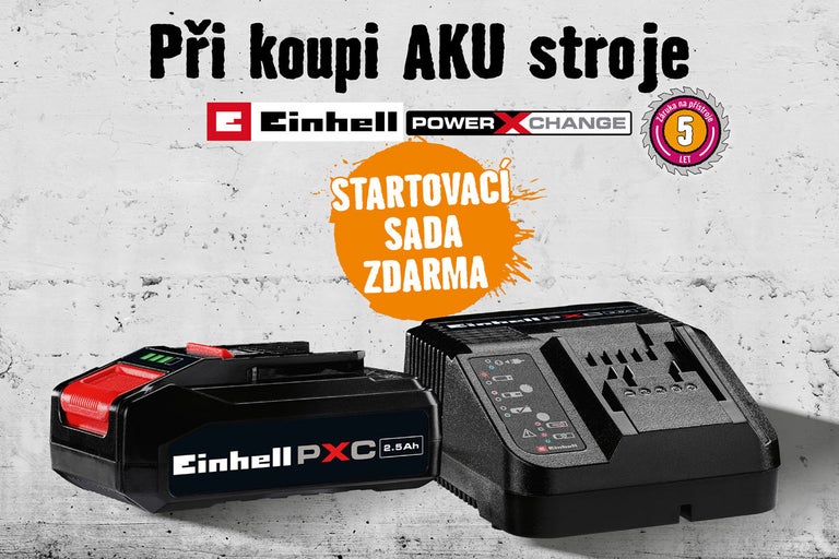 Startovací sada Einhell Power X-Change s 2,5 ampérhodinovým akumulátorem a nabíječkou zdarma k nákupu stroje. Einhell Logo, 5 let záruka.
