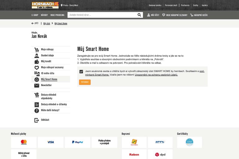 Přehled zákaznického účtu Hornbach Smart Home.