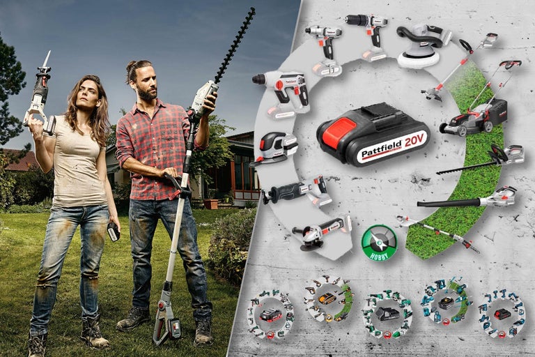 Akumulátorový systém Pattfield 20 V se zahradním nářadím a elektrickým nářadím