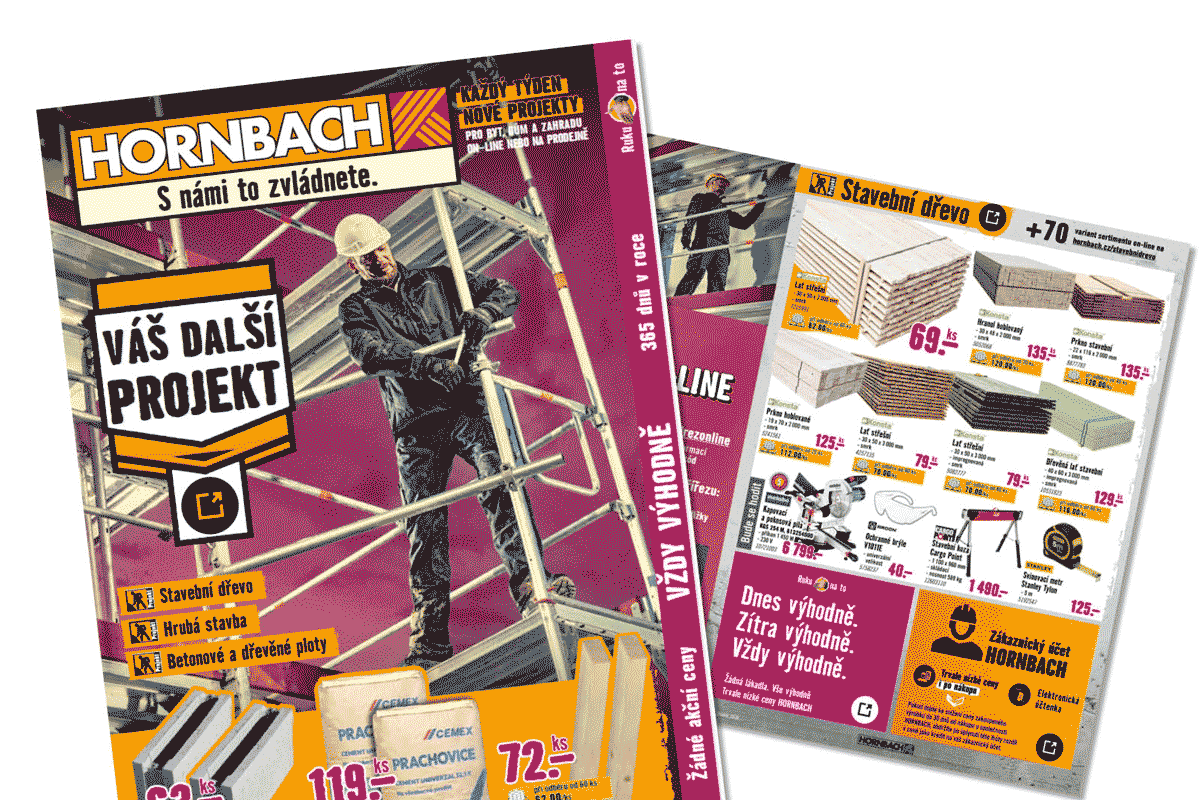 Dvě strany projektového prospektu Hornbach se stavebními materiály jako řezivo, cement a nářadím jako pokosová pila a svinovací metr.