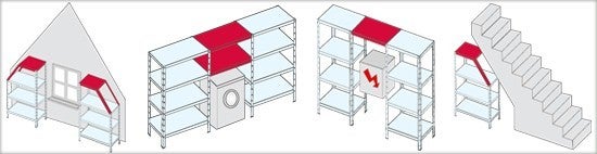 Ilustrace kovových regálů v různých prostorových situacích.