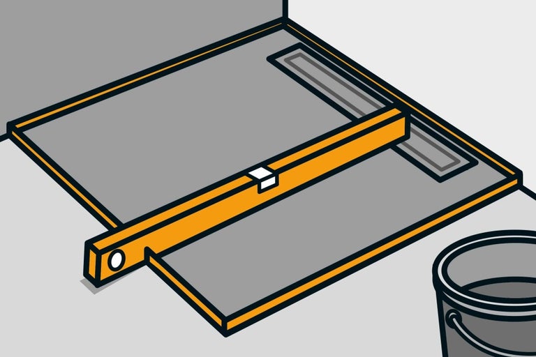 Ilustrace bezbariérového sprchového koutu s odtokovým žlabem a vodováhou