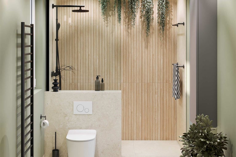 Koupelna s toaletou, sprchou a radiátorem