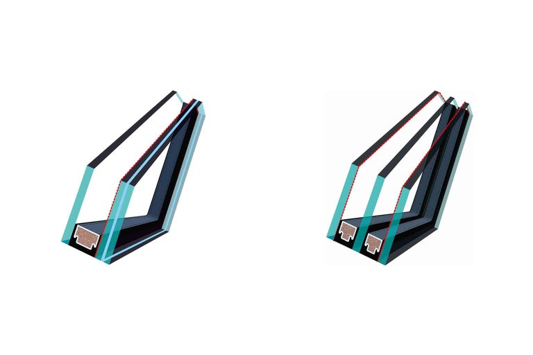 Řez dvojitým a trojitým zasklením oken