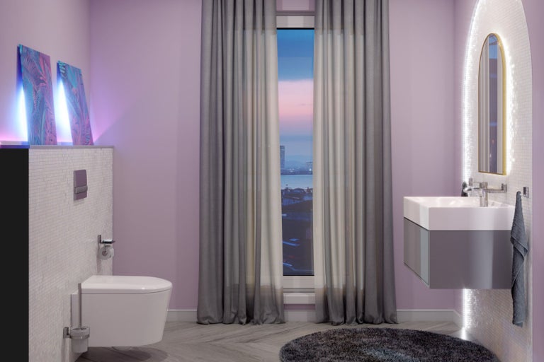 Koupelna s toaletou, umyvadlem, zrcadlem a závěsy