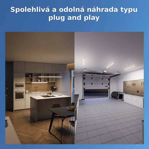 Srovnávací obrázek moderní kuchyně a garáže s instalovaným LED osvětlením jako jednoduchá náhrada typu plug and play.
