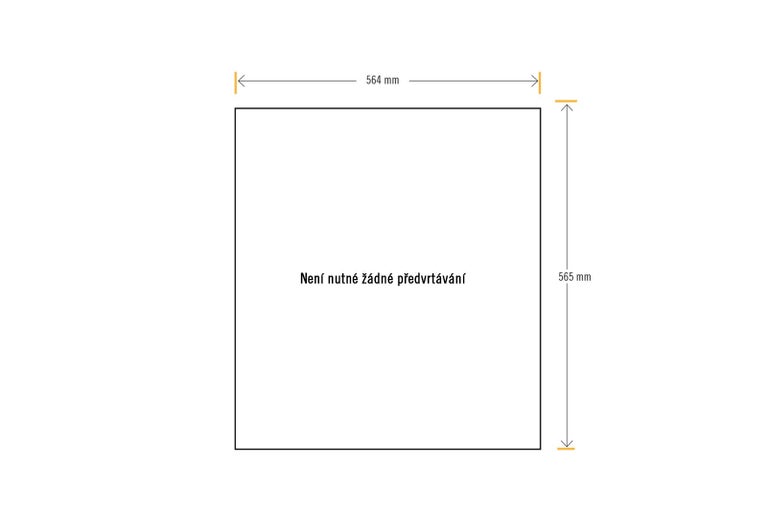Obrázek s rozměry: šířka 564 mm, výška 565 mm. Není nutné žádné předvrtávání.