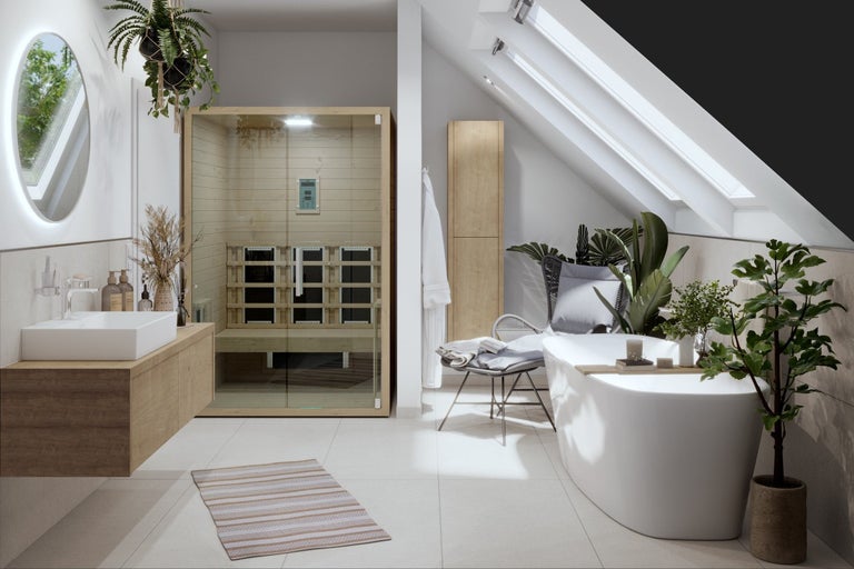 Světlá koupelna se saunou, vanou a umyvadlem