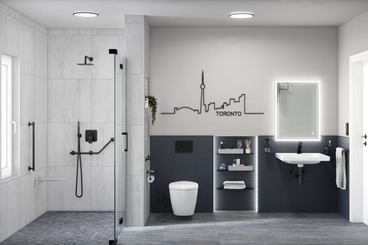 Moderní koupelna s bezbariérovým sprchovým koutem, toaletou a umyvadlem