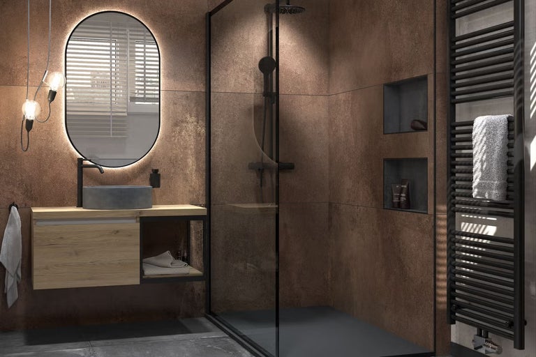 Moderní koupelna se sprchou, umyvadlem a radiátorem na ručníky