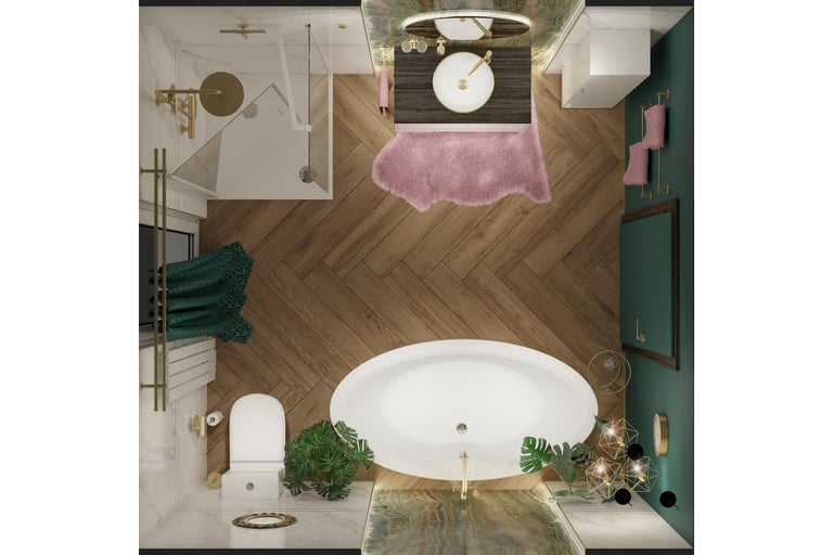 Pohled shora na koupelnu se sprchou, vanou, umyvadlem a toaletou