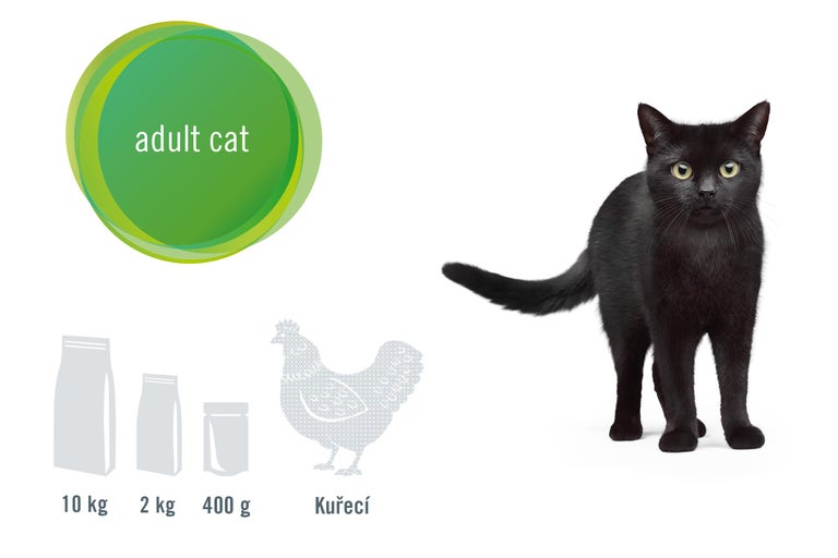Krmivo pro dospělé kočky s kuřecí příchutí a velikostmi balení.
