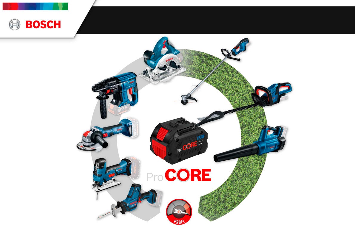 Logo Bosch a zobrazení zahradního nářadí a elektrického nářadí značky Bosch