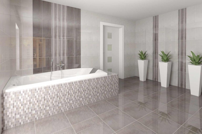 Světlá koupelna s vanou, mozaikovými obklady a rostlinami