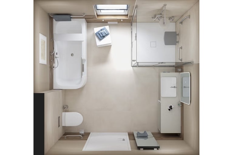 Přehled koupelny s vanou, sprchou, umyvadlem a toaletou.