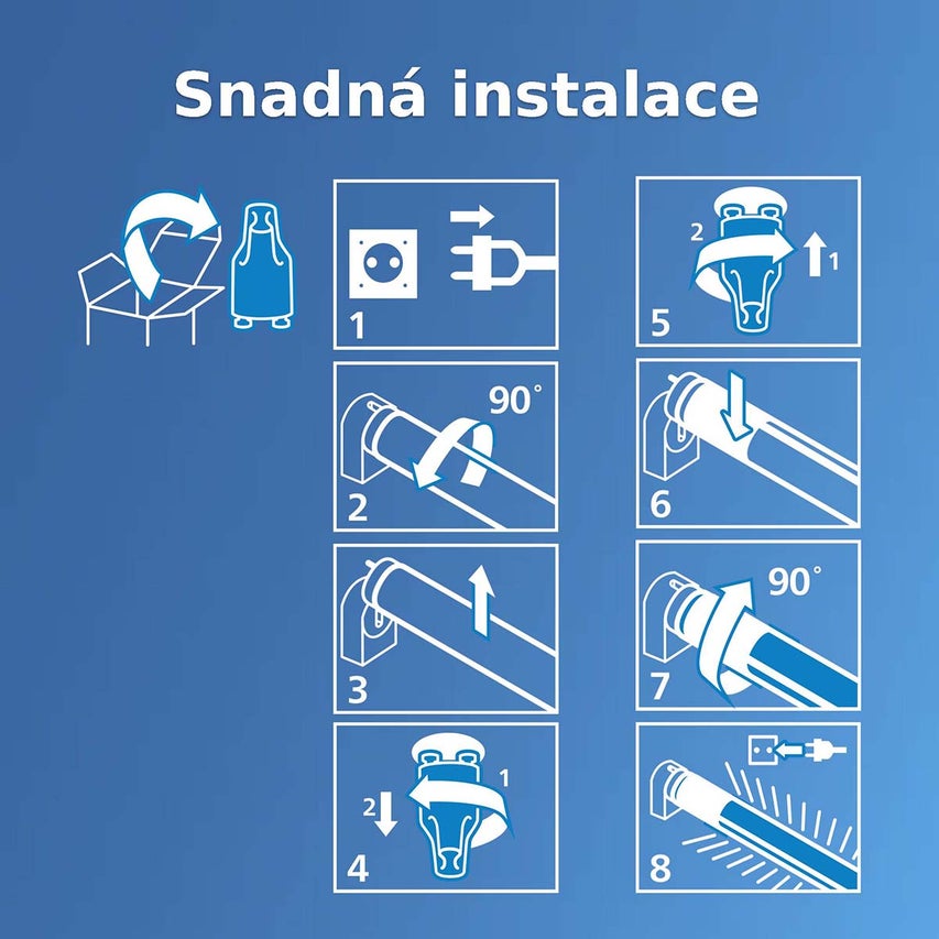 Ilustrovaný návod k instalaci LED svítidla v osmi krocích od připojení k síti až po zprovoznění.
