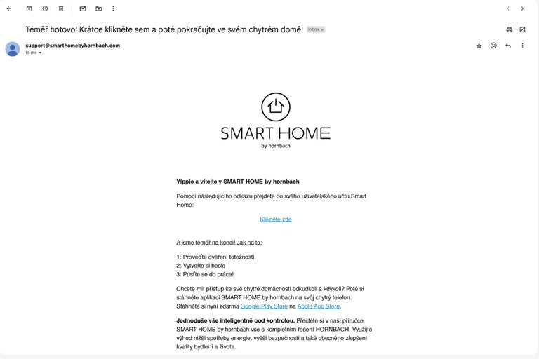 E-mail od Hornbach Smart Home s informacemi o systému chytré domácnosti