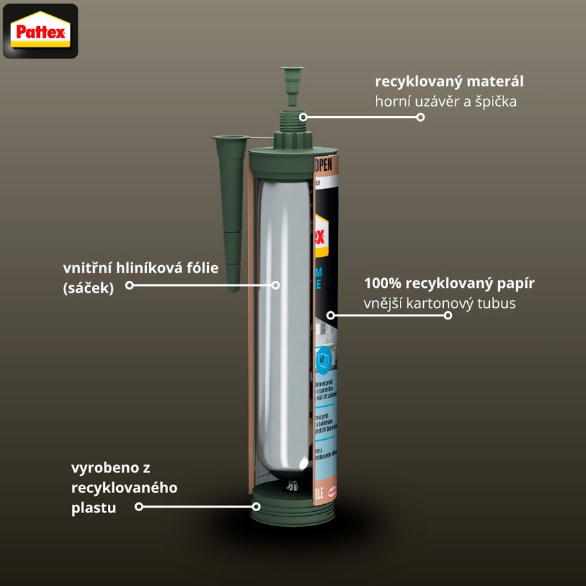 Pattex Logo. Infografika kartuše z recyklovaných materiálů s vnitřním hliníkovým sáčkem a tubusem ze 100 procent recyklovaného papíru.