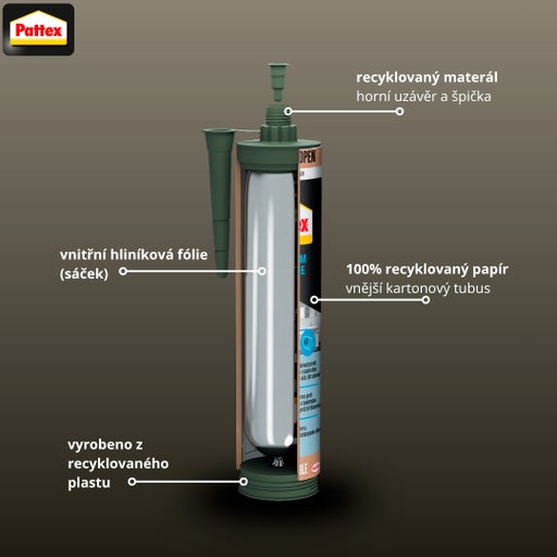 Pattex Logo. Infografika kartuše z recyklovaných materiálů s vnitřním hliníkovým sáčkem a tubusem ze 100 procent recyklovaného papíru.