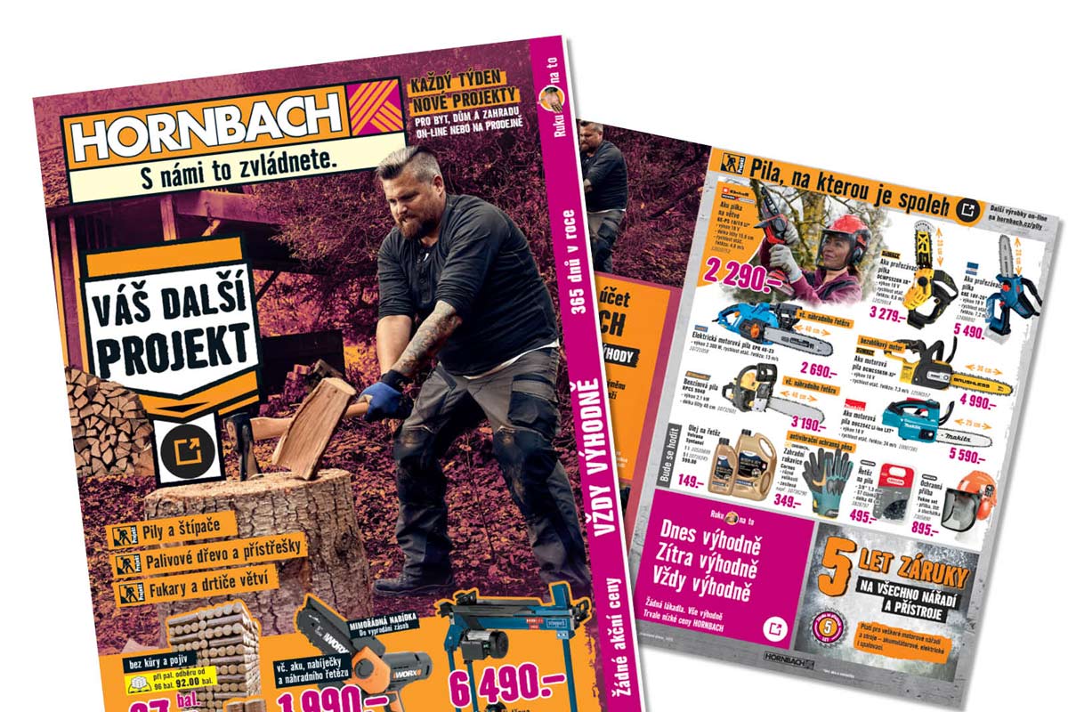Reklamní leták Hornbach s různými motorovými pilami a zahradním nářadím pro projekty v domě a na zahradě.